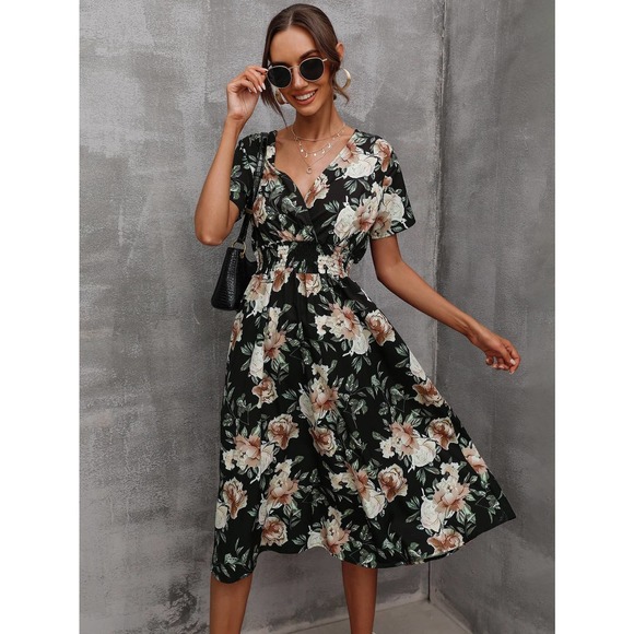 boho yellow Floral Shirred Wrap midi Dress - Picture 10 of 10